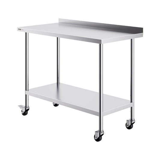 VEVOR 24 x 48 x 40 Inch Stainless Steel Work Table, Commercial Food Prep Worktable with Casters, Heavy Duty Prep Worktable, Metal Work Table with Adjustable Height for Restaurant, Home and Hotel