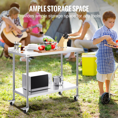 VEVOR 24 x 48 x 40 Inch Stainless Steel Work Table, Commercial Food Prep Worktable with Casters, Heavy Duty Prep Worktable, Metal Work Table with Adjustable Height for Restaurant, Home and Hotel