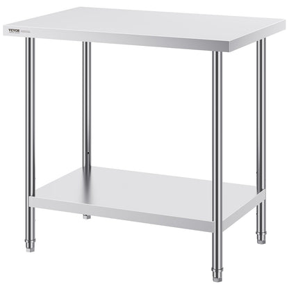 VEVOR Stainless Steel Prep Table, 24 x 36 x 34 Inch, Heavy Duty Metal Worktable with 3 Adjustable Height Levels, Commercial Workstation for Kitchen Garage Restaurant Backyard