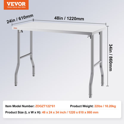 VEVOR Stainless Steel Kitchen Bench Folding Commercial Prep Table 1220x610 mm