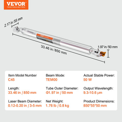 VEVOR Laser Tube, 50W CO2 Laser Tube for Laser Engraver and Cutter Machine, 850 mm Length, 50 mm Diameter, Glass Laser Cutting Tube with TEM00 Beam Mode, for Wood Acrylic Fabric Leather Bamboo