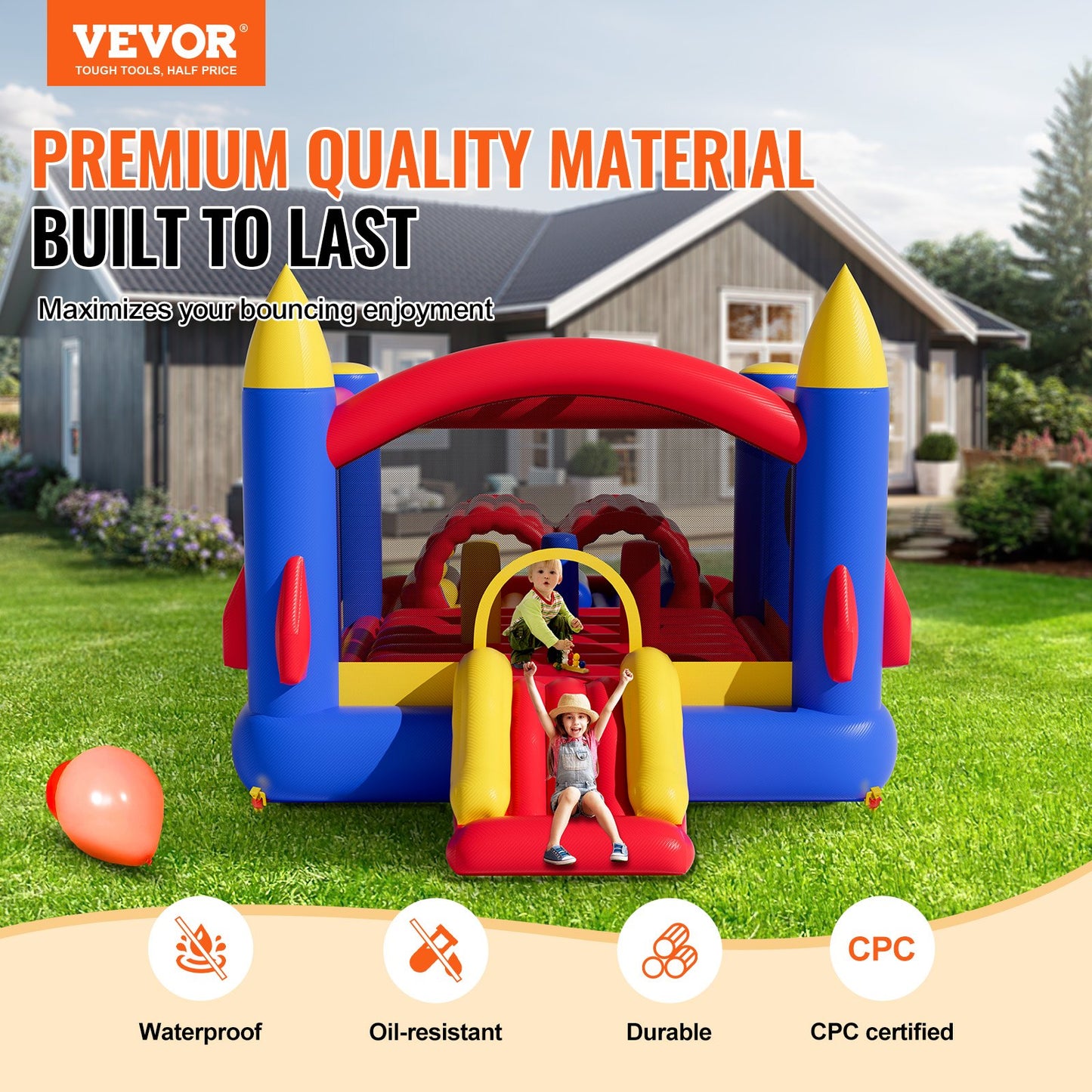 VEVOR Inflatable Bounce House, Outdoor High Quality Playhouse Trampoline, Jumping Bouncer with Blower, Slide, and Storage Bag, Family Backyard Bouncy Castle, for Kid Ages 3_8 Years, 4.0x2.4x2.4m