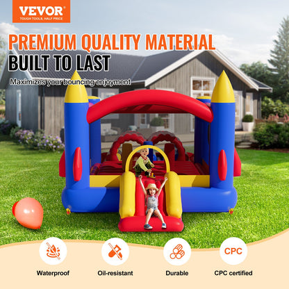 VEVOR Inflatable Bounce House, Outdoor High Quality Playhouse Trampoline, Jumping Bouncer with Blower, Slide, and Storage Bag, Family Backyard Bouncy Castle, for Kid Ages 3_8 Years, 4.0x2.4x2.4m