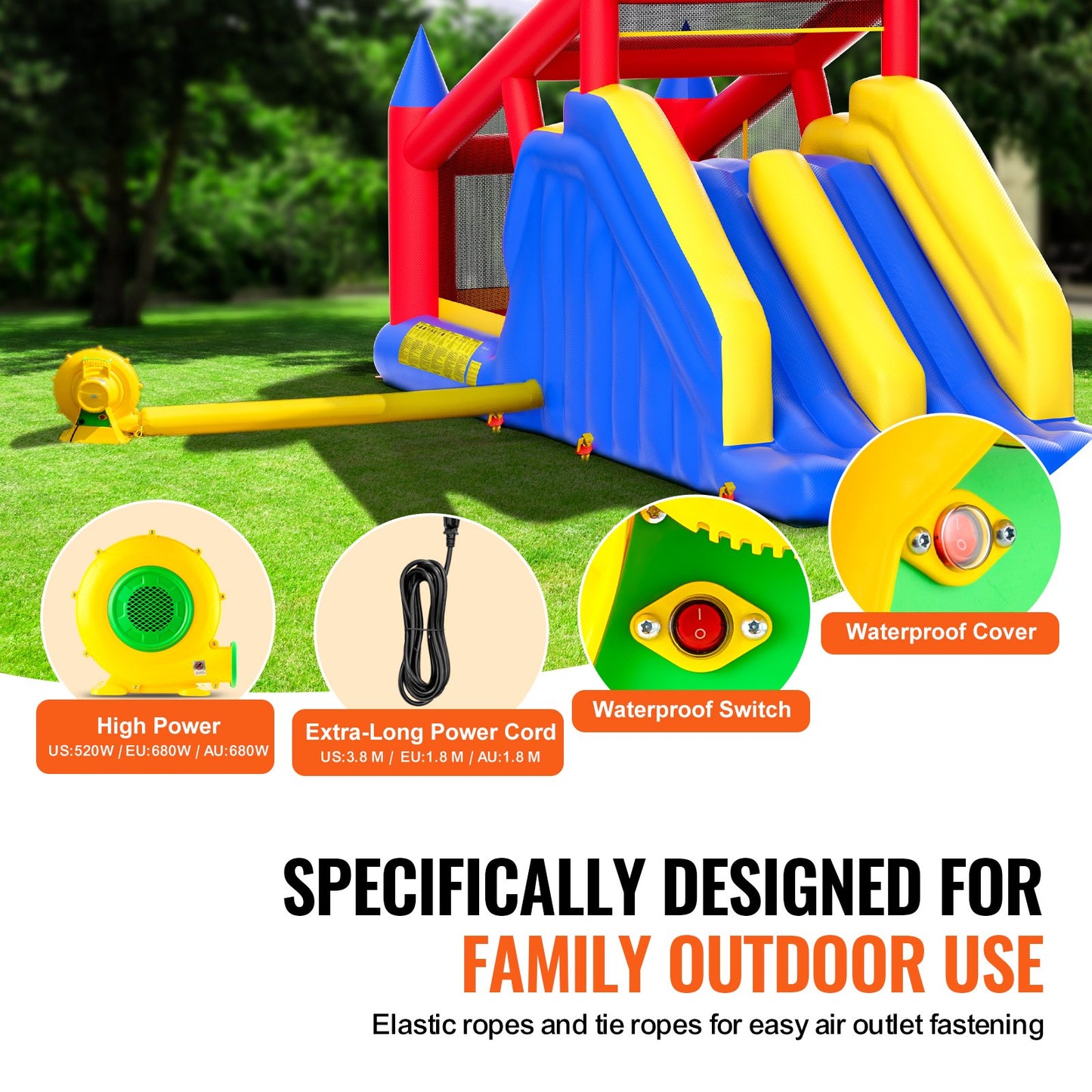 VEVOR Inflatable Bounce House, Outdoor High Quality Playhouse Trampoline, Jumping Bouncer with Blower, Slide, and Storage Bag, Family Backyard Bouncy Castle, for Kid Ages 3_8 Years, 4.6x2.6x2.3m