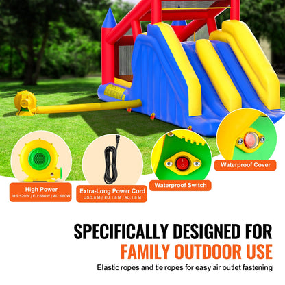 VEVOR Inflatable Bounce House, Outdoor High Quality Playhouse Trampoline, Jumping Bouncer with Blower, Slide, and Storage Bag, Family Backyard Bouncy Castle, for Kid Ages 3_8 Years, 4.6x2.6x2.3m