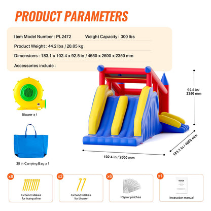 VEVOR Inflatable Bounce House, Outdoor High Quality Playhouse Trampoline, Jumping Bouncer with Blower, Slide, and Storage Bag, Family Backyard Bouncy Castle, for Kid Ages 3_8 Years, 4.6x2.6x2.3m
