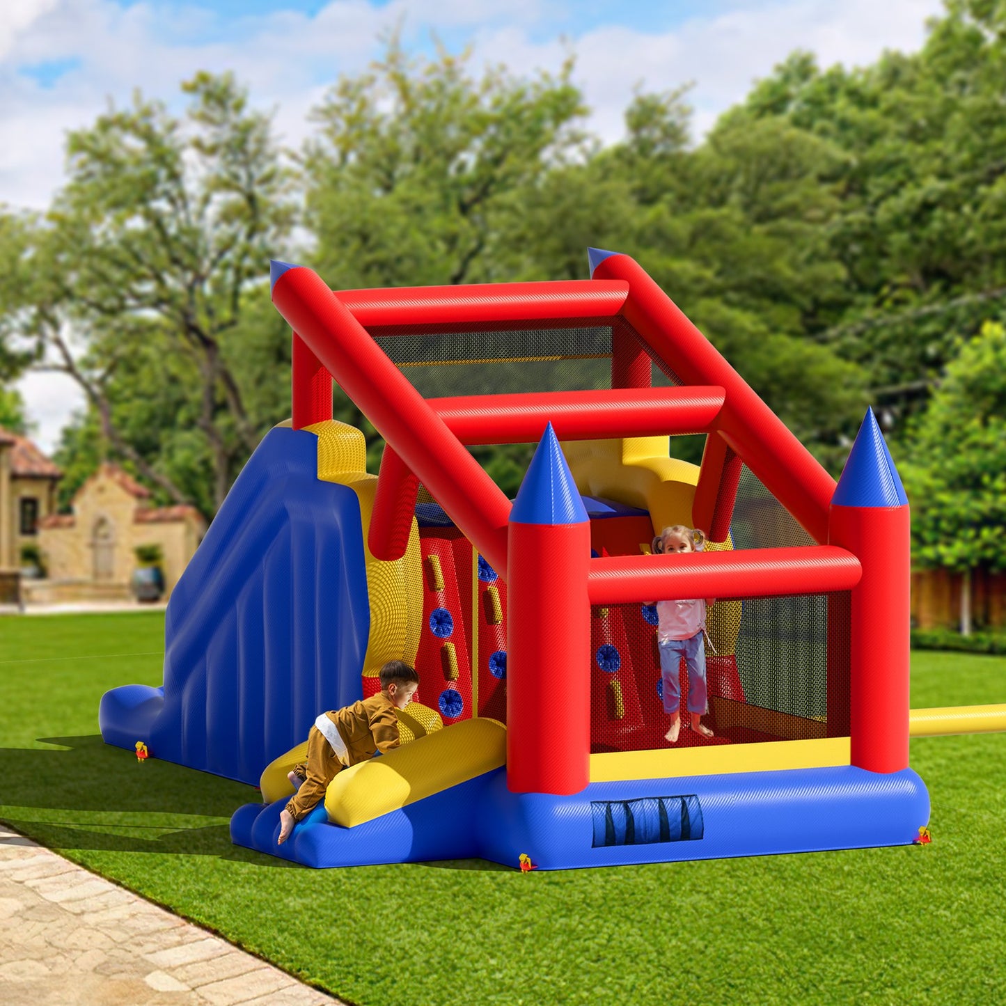 VEVOR Inflatable Bounce House, Outdoor High Quality Playhouse Trampoline, Jumping Bouncer with Blower, Slide, and Storage Bag, Family Backyard Bouncy Castle, for Kid Ages 3_8 Years, 4.6x2.6x2.3m