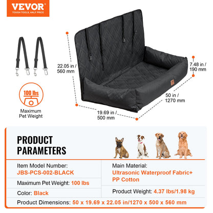 VEVOR Dog Car Seat, Waterproof Dog Booster Seat for Car, Pet Car Seat with Clip-On Safety Leash, PP Cotton Filling, Dog Car Bed for Medium & Large Dog up to 45.4 kg, Black
