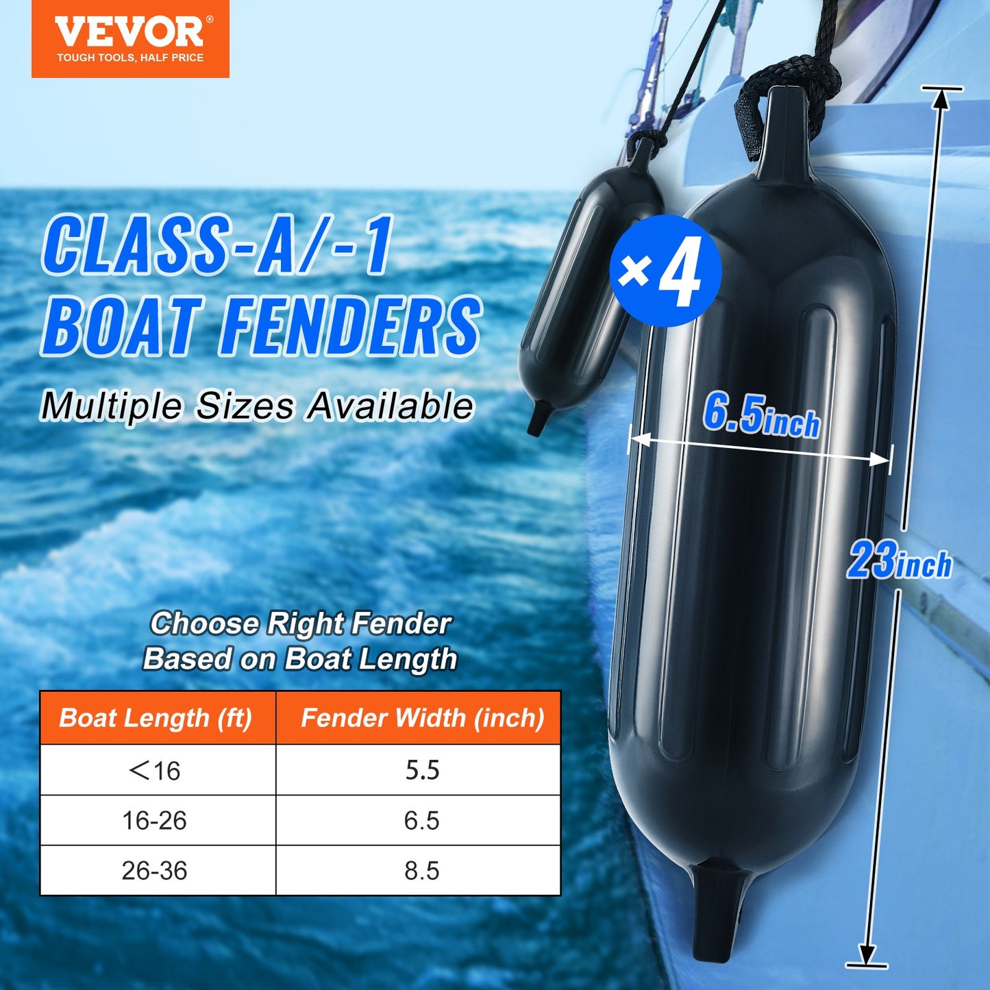 VEVOR Boat Fenders, 6.5" x 23" Boat Bumpers for Docking, Inflatable Ribbed Fender with Center Holes, Marine Boat Dock Fender Bumper with Air Pump, 4 Needles and 4 Ropes and Storage Bag, Black