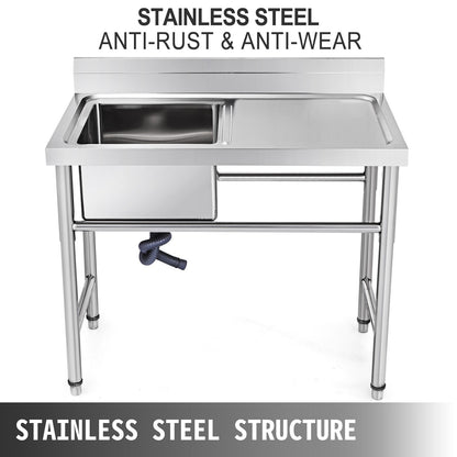 VEVOR Handmade Sink Non-magnetic Stainless Steel Kitchen Sink Hand Made 1 Compartment 40.6 x 39.4 x 25.4 cm Capacity Huge Tub Sink with Right Hand Platform for Farmhouse Cafe Shop Hospital