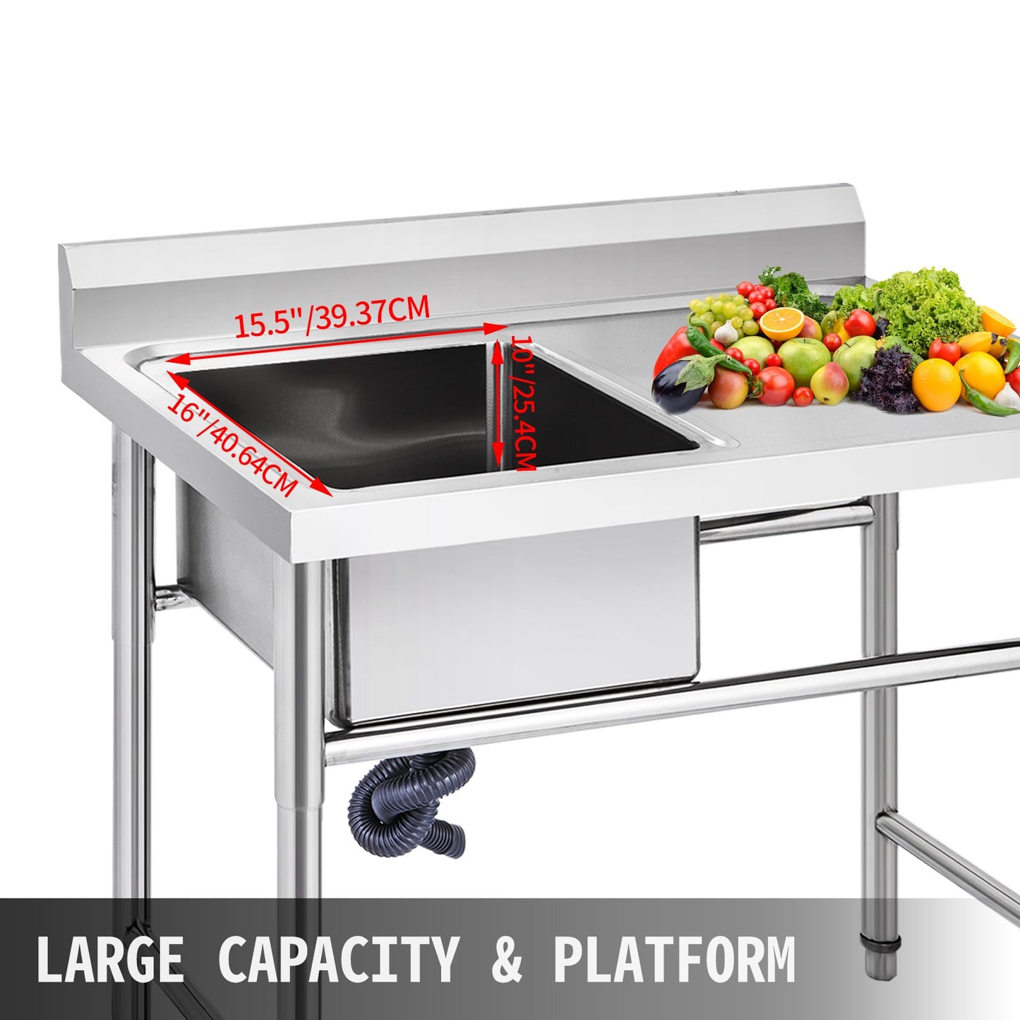 VEVOR Handmade Sink Non-magnetic Stainless Steel Kitchen Sink Hand Made 1 Compartment 40.6 x 39.4 x 25.4 cm Capacity Huge Tub Sink with Right Hand Platform for Farmhouse Cafe Shop Hospital