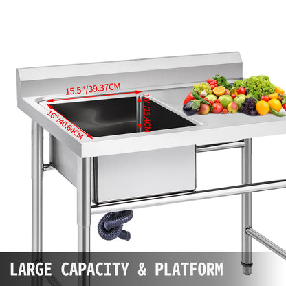 VEVOR Handmade Sink Non-magnetic Stainless Steel Kitchen Sink Hand Made 1 Compartment 40.6 x 39.4 x 25.4 cm Capacity Huge Tub Sink with Right Hand Platform for Farmhouse Cafe Shop Hospital