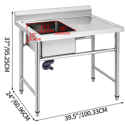 VEVOR Handmade Sink Non-magnetic Stainless Steel Kitchen Sink Hand Made 1 Compartment 40.6 x 39.4 x 25.4 cm Capacity Huge Tub Sink with Right Hand Platform for Farmhouse Cafe Shop Hospital