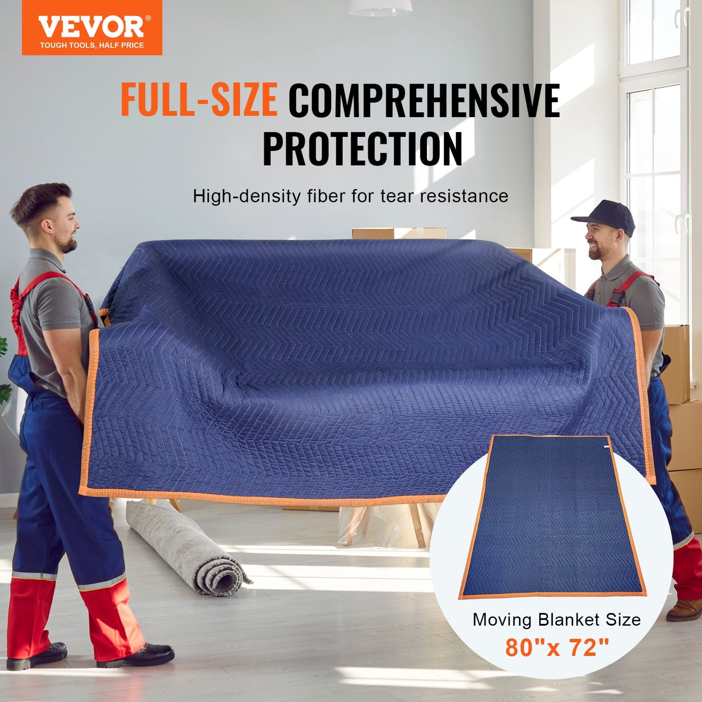 VEVOR Moving Blankets, 2032 x 1829 mm, 15.6 kg/dz, 12 Packs, Professional Non-Woven & Recycled Cotton Packing Blanket, Heavy Duty Mover Pads for Protecting Furniture, Floors, Appliances, Blue/Orange