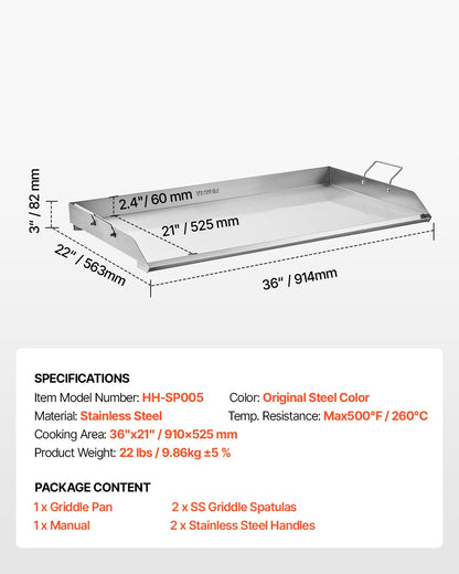VEVOR 36x22 in Flat Top Griddle Stainless Steel Universal BBQ Grill Pan Cookware