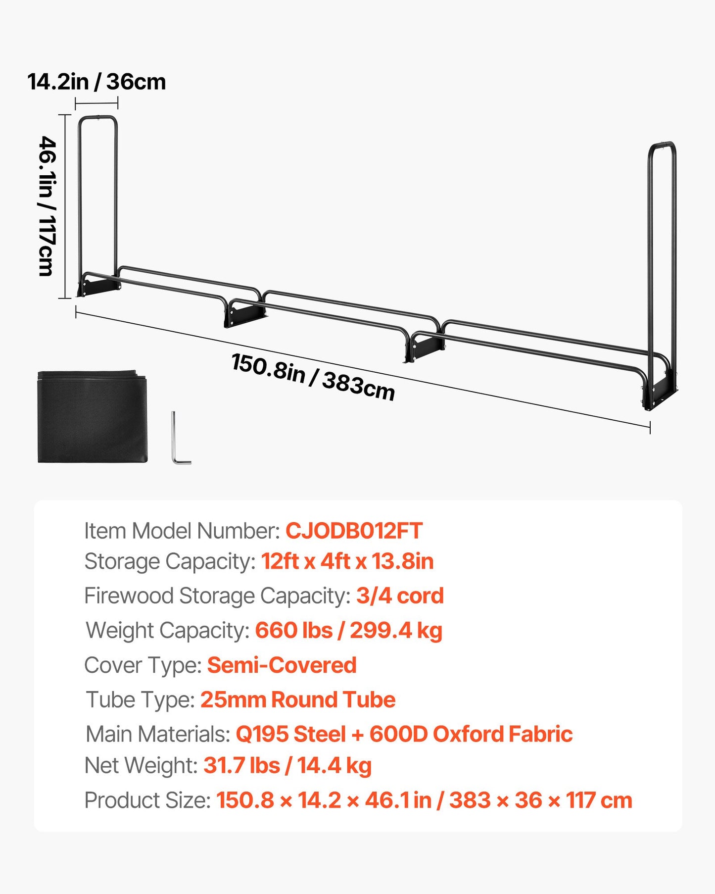 VEVOR Firewood Rack with Waterproof Cover, 383 x 36 x 117 cm Outdoor Firewood Holder, 660lb Weight Capacity, 1/2 Cord Log Holder, Half-Covered, Powder-coated Wood Storage Rack for Fireplace Deck