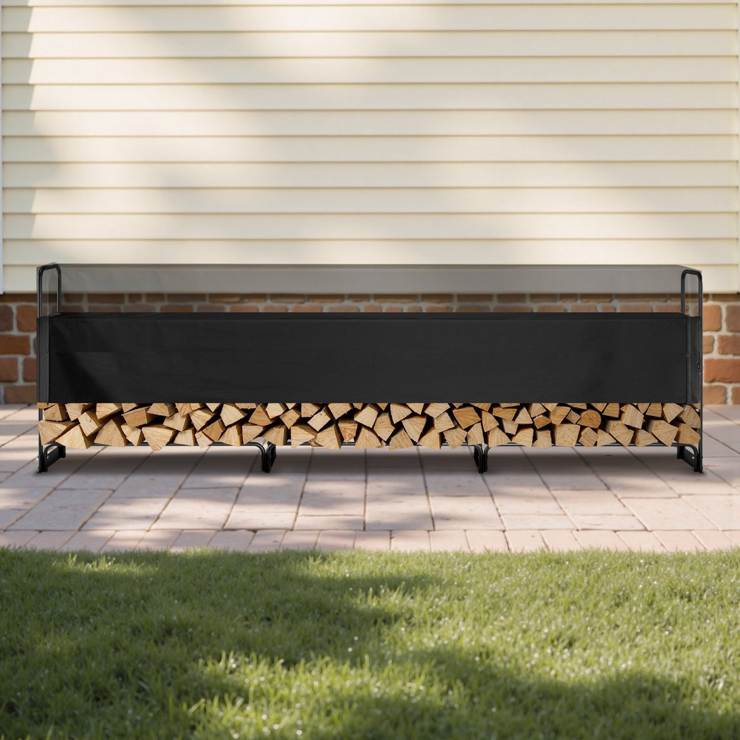 VEVOR Firewood Rack with Waterproof Cover, 383 x 36 x 117 cm Outdoor Firewood Holder, 660lb Weight Capacity, 1/2 Cord Log Holder, Half-Covered, Powder-coated Wood Storage Rack for Fireplace Deck