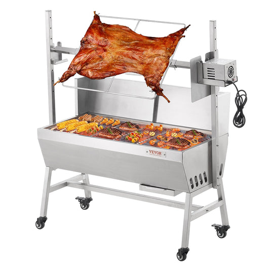 VEVOR Rotisserie Grill with Windscreen, BBQ Whole Pig Lamb Goat Charcoal Spit Grill, 35 Inch 90 Lbs Capacity, Electric 42W Motor Stainless Steel Roaster with Lockable Wheels, for Camping Outdoor