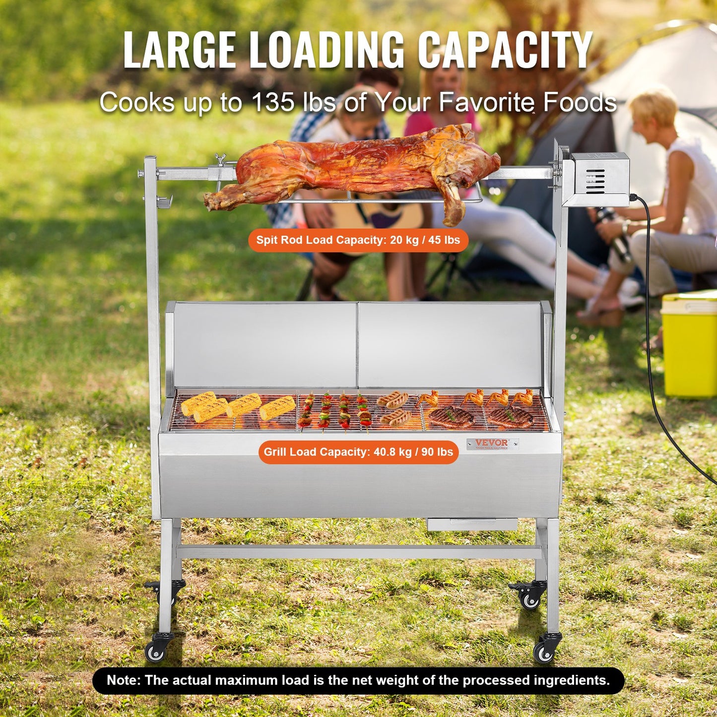 VEVOR Rotisserie Grill with Windscreen, BBQ Whole Pig Lamb Goat Charcoal Spit Grill, 35 Inch 90 Lbs Capacity, Electric 42W Motor Stainless Steel Roaster with Lockable Wheels, for Camping Outdoor