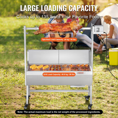 VEVOR Rotisserie Grill with Windscreen, BBQ Whole Pig Lamb Goat Charcoal Spit Grill, 35 Inch 90 Lbs Capacity, Electric 42W Motor Stainless Steel Roaster with Lockable Wheels, for Camping Outdoor