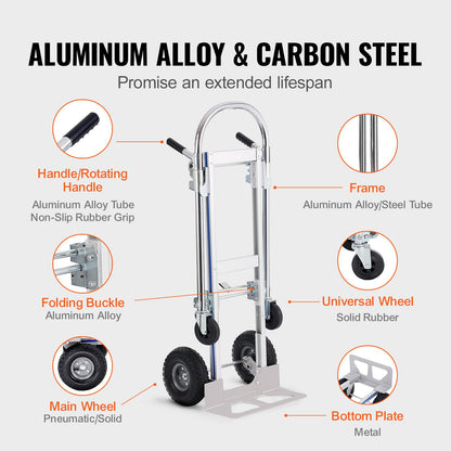VEVOR Aluminum Hand Truck, 2 in 1, 363 kg Max Load Capacity, Heavy Duty Industrial Convertible Folding Hand Truck and Dolly, Utility Cart Converts from Hand Truck to Platform Cart with Rubber Wheels