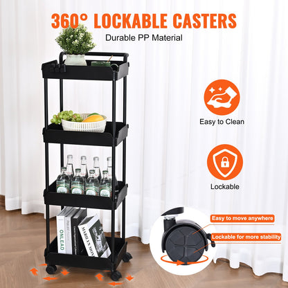 VEVOR 4-Tier Kitchen Rolling Cart Basket Utility Cart on Wheel with Handle Black