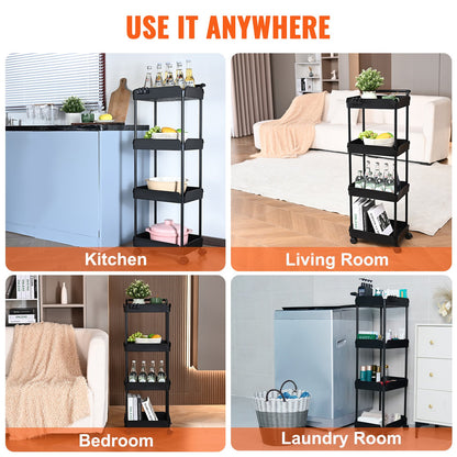VEVOR 4-Tier Kitchen Rolling Cart Basket Utility Cart on Wheel with Handle Black