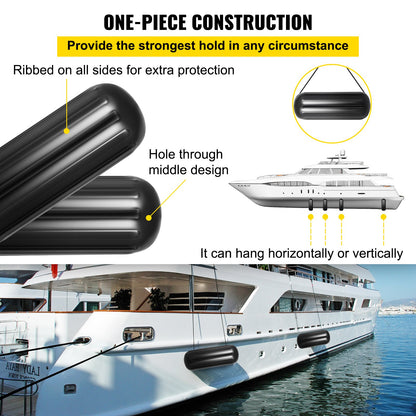 VEVOR Boat Fenders, 10" x 28" Ribbed Fender, 4 Pack Boat Bumpers, Hole Through Middle Ribbed Inflatable Boat Fender with 4 Ropes, for Pontoon Boat Sailboat, Ski Boat, Black