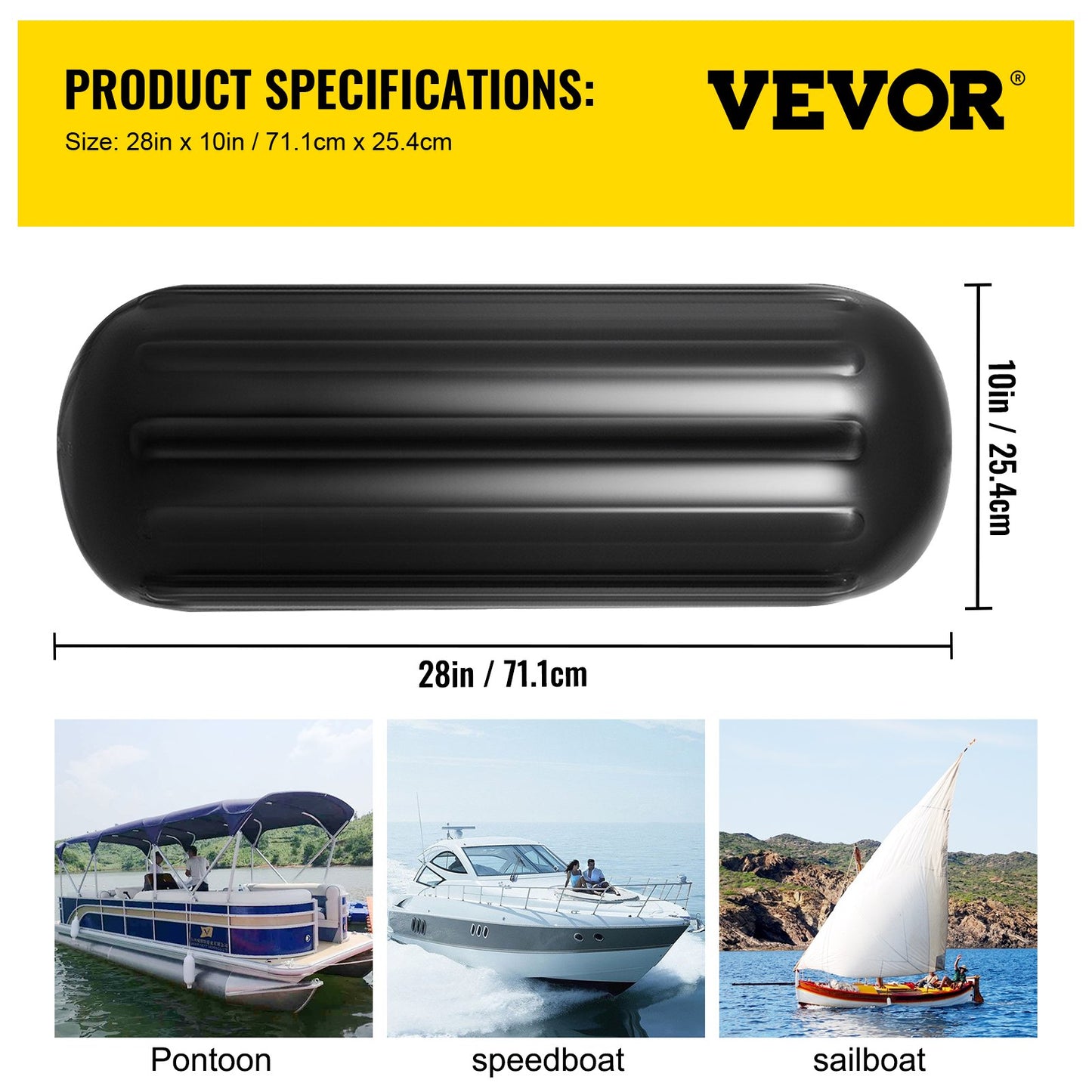 VEVOR Boat Fenders, 10" x 28" Ribbed Fender, 4 Pack Boat Bumpers, Hole Through Middle Ribbed Inflatable Boat Fender with 4 Ropes, for Pontoon Boat Sailboat, Ski Boat, Black