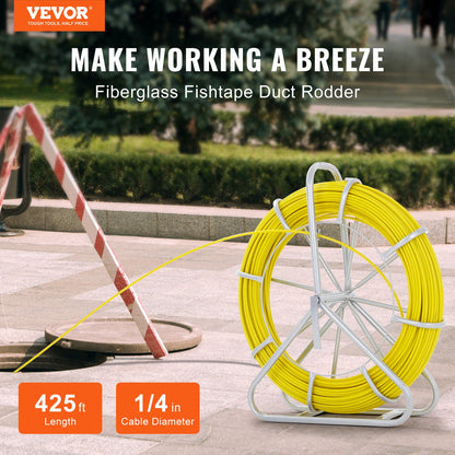 VEVOR Fish Tape Fiberglass, 129.5 m, 6.35 mm, Duct Rodder Fishtape Wire Puller, Cable Running Rod with Steel Reel Stand, 3 Pulling Heads, Fishing Tools for Walls and Electrical Conduit, Non-Conductive