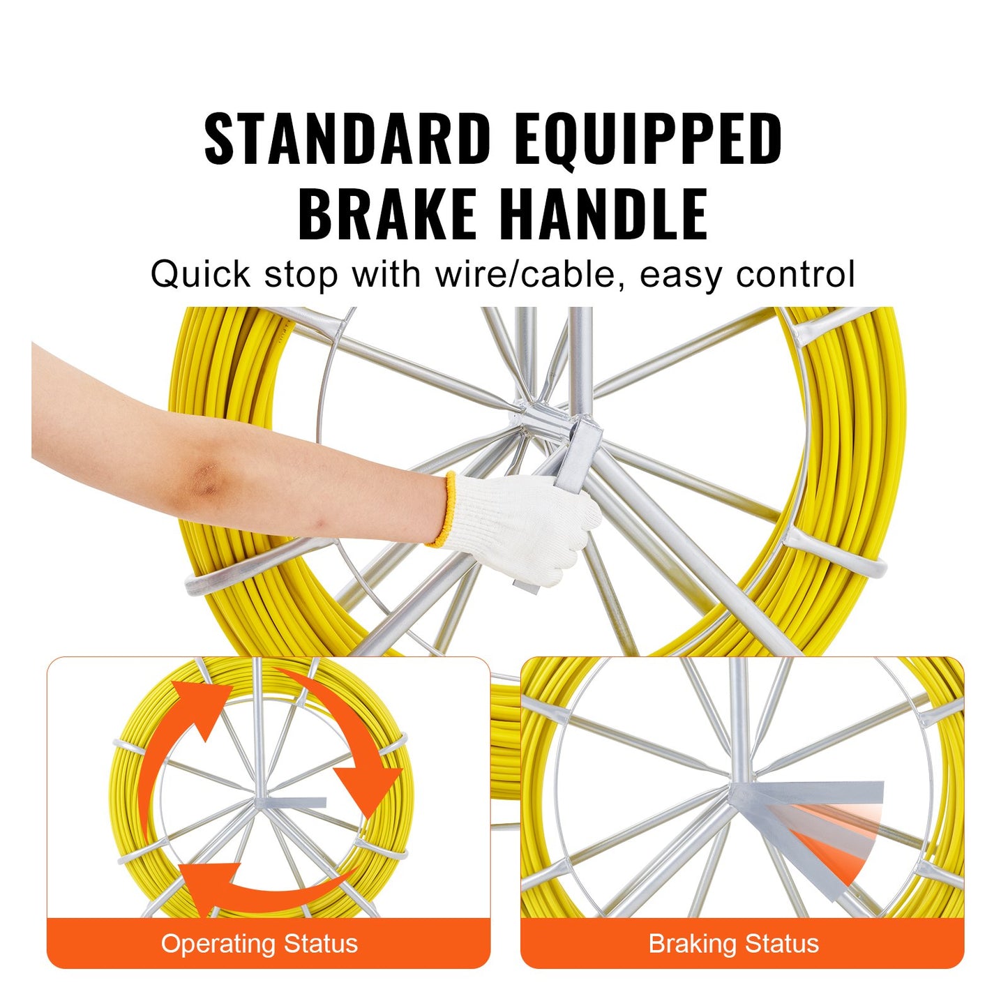 VEVOR Fish Tape Fiberglass, 129.5 m, 6.35 mm, Duct Rodder Fishtape Wire Puller, Cable Running Rod with Steel Reel Stand, 3 Pulling Heads, Fishing Tools for Walls and Electrical Conduit, Non-Conductive