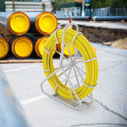 VEVOR Fish Tape Fiberglass, 129.5 m, 6.35 mm, Duct Rodder Fishtape Wire Puller, Cable Running Rod with Steel Reel Stand, 3 Pulling Heads, Fishing Tools for Walls and Electrical Conduit, Non-Conductive