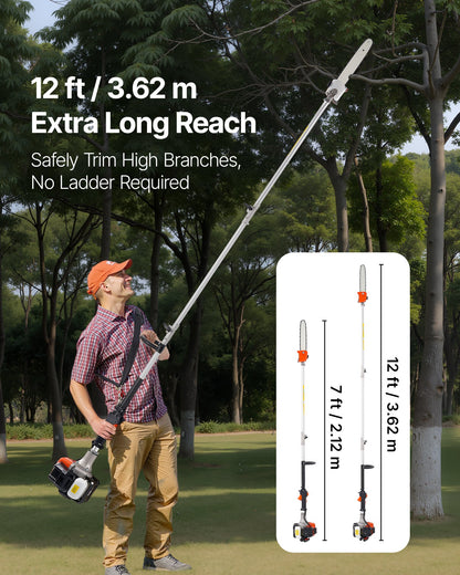 VEVOR Gas Pole Saw, 25CC 2 Stroke Gas Powered Pole Saws with 30.5 cm Cutting Bar, Cordless Tree Trimmer with 650ml Fuel Tank, 2.12 to 3.62 m Extendable, Powerful Chainsaw for Tree Trimming Pruning