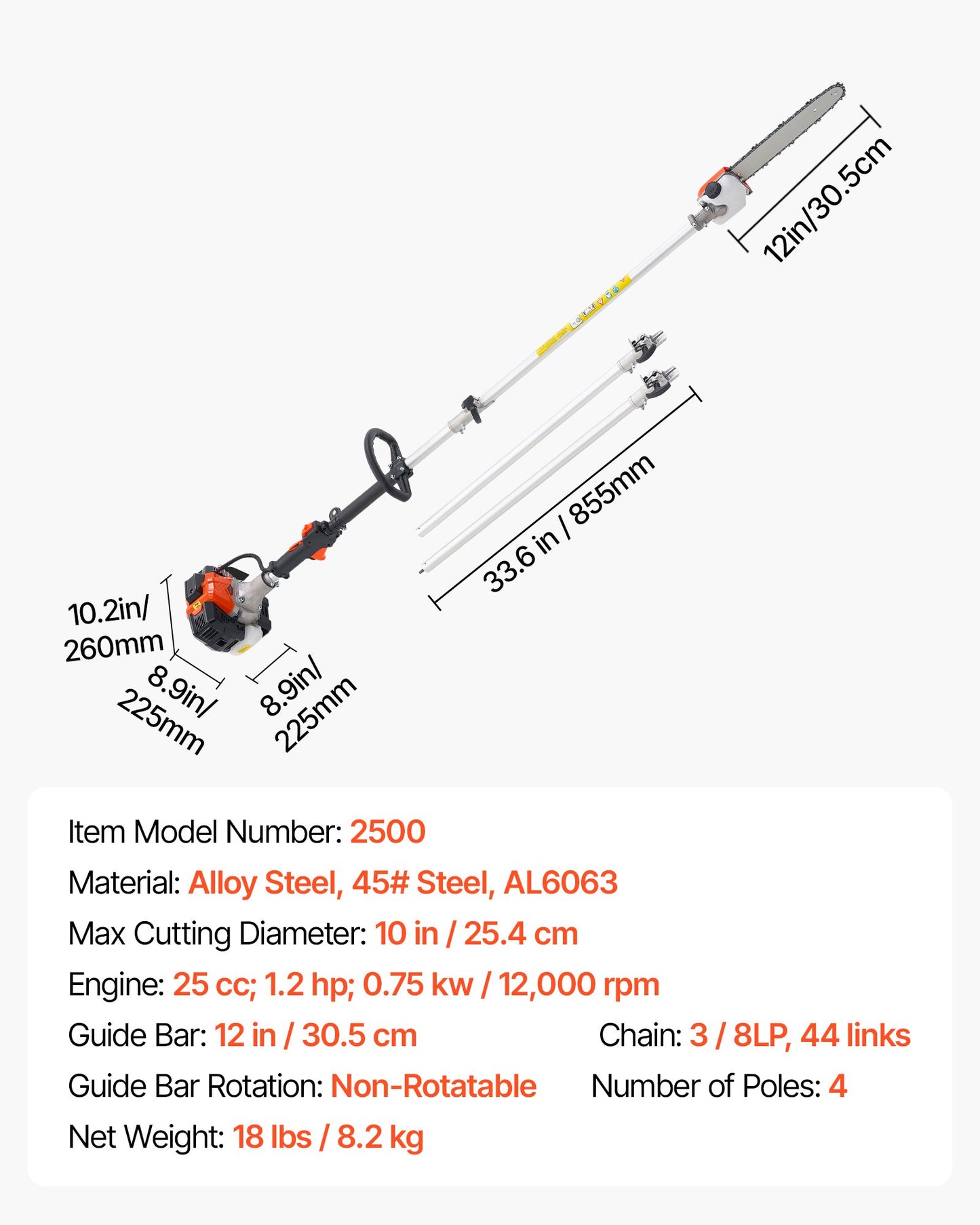 VEVOR Gas Pole Saw, 25CC 2 Stroke Gas Powered Pole Saws with 30.5 cm Cutting Bar, Cordless Tree Trimmer with 650ml Fuel Tank, 2.12 to 3.62 m Extendable, Powerful Chainsaw for Tree Trimming Pruning