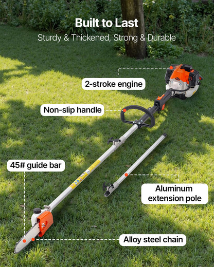 VEVOR Gas Pole Saw, 25CC 2 Stroke Gas Powered Pole Saws with 20.3 cm Cutting Bar, Cordless Tree Trimmer with 650ml Fuel Tank, 2 to 2.74 m Extendable, Powerful Chainsaw for Tree Trimming Pruning
