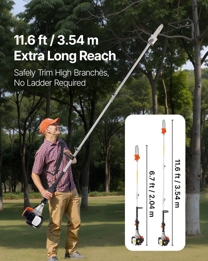 VEVOR Gas Pole Saw, 33CC 2 Stroke Gas Powered Pole Saws with 20.3 cm Cutting Bar, Cordless Tree Trimmer with 850ml Fuel Tank, 2 to 3.5 m  Extendable, Powerful Chainsaw for Tree Trimming Pruning