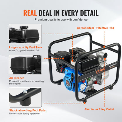 VEVOR Gasoline Engine Water Pump Gas Powered Transfer Pump 50 mm 6.5HP 4-Stroke