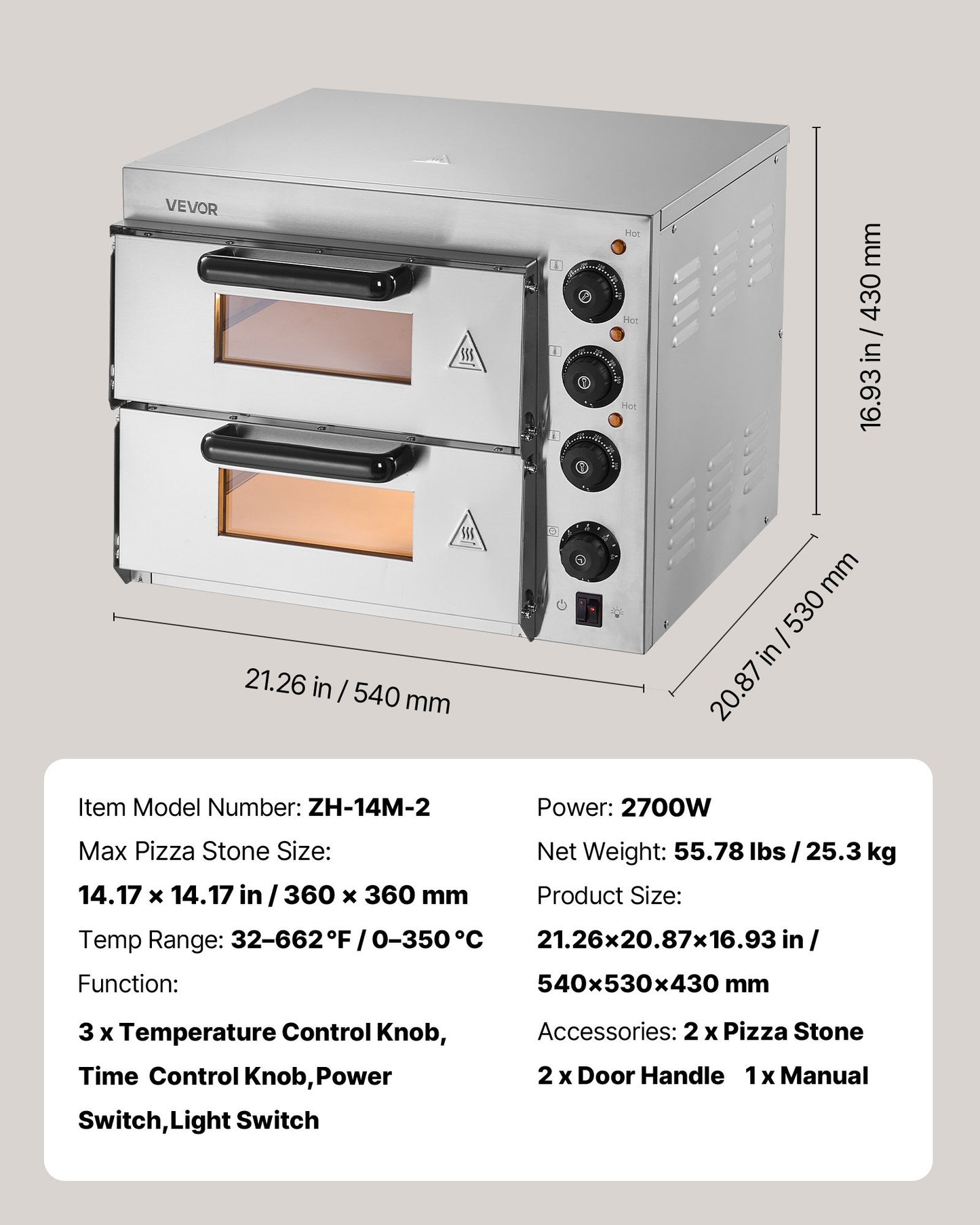VEVOR Commercial Pizza Oven Countertop, 14-Inch Double Deck Layer, Stainless Steel Electric Pizza Oven with Stone and Handle, Multipurpose Indoor Pizza Maker for Restaurant Home Pretzels Baked