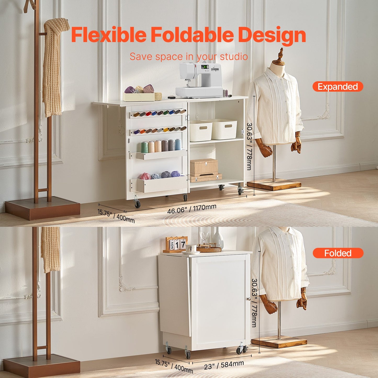 VEVOR Folding Sewing Table with Lockable Wheels Storage Shelves Trays Door White