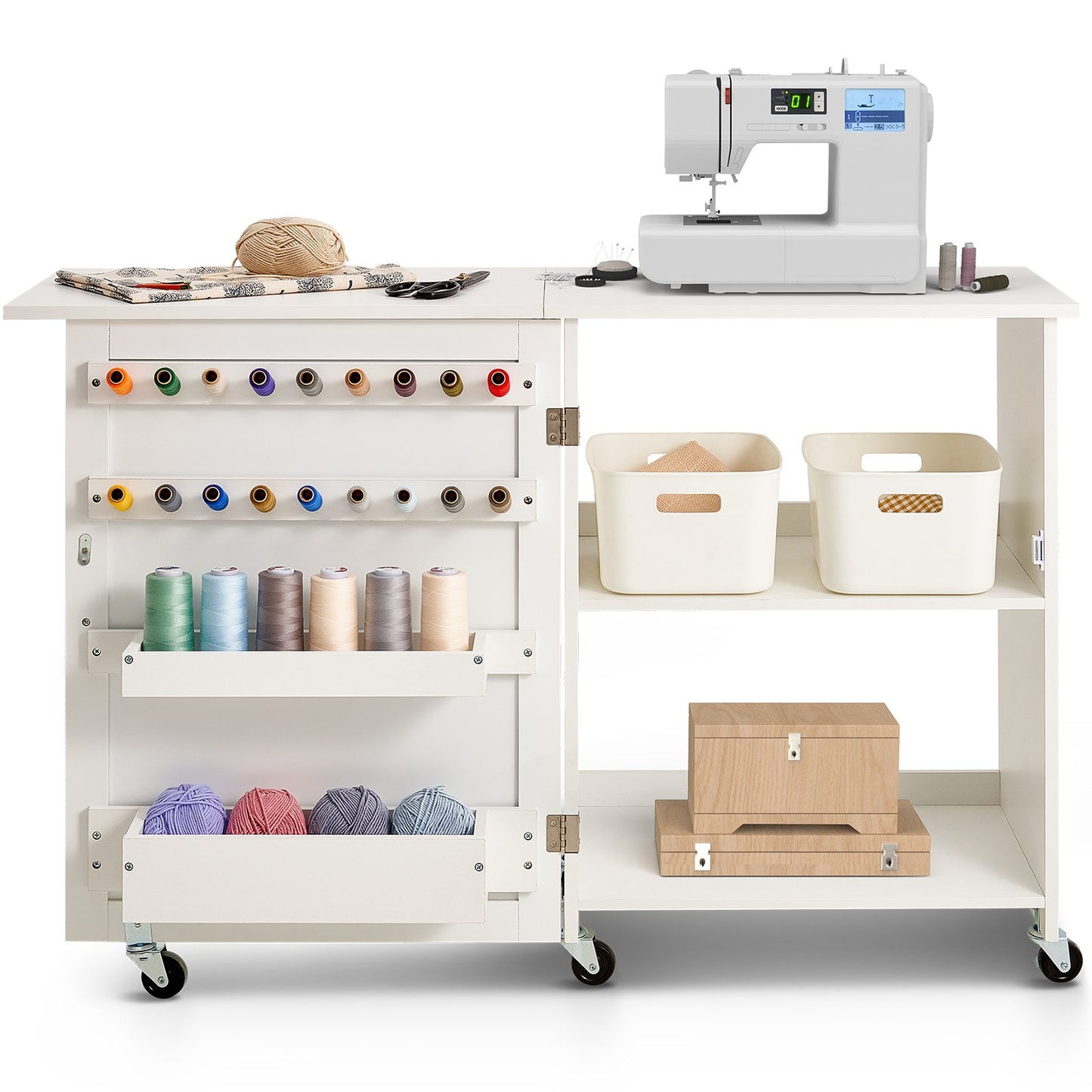 VEVOR Folding Sewing Table with Lockable Wheels Storage Shelves Trays Door White