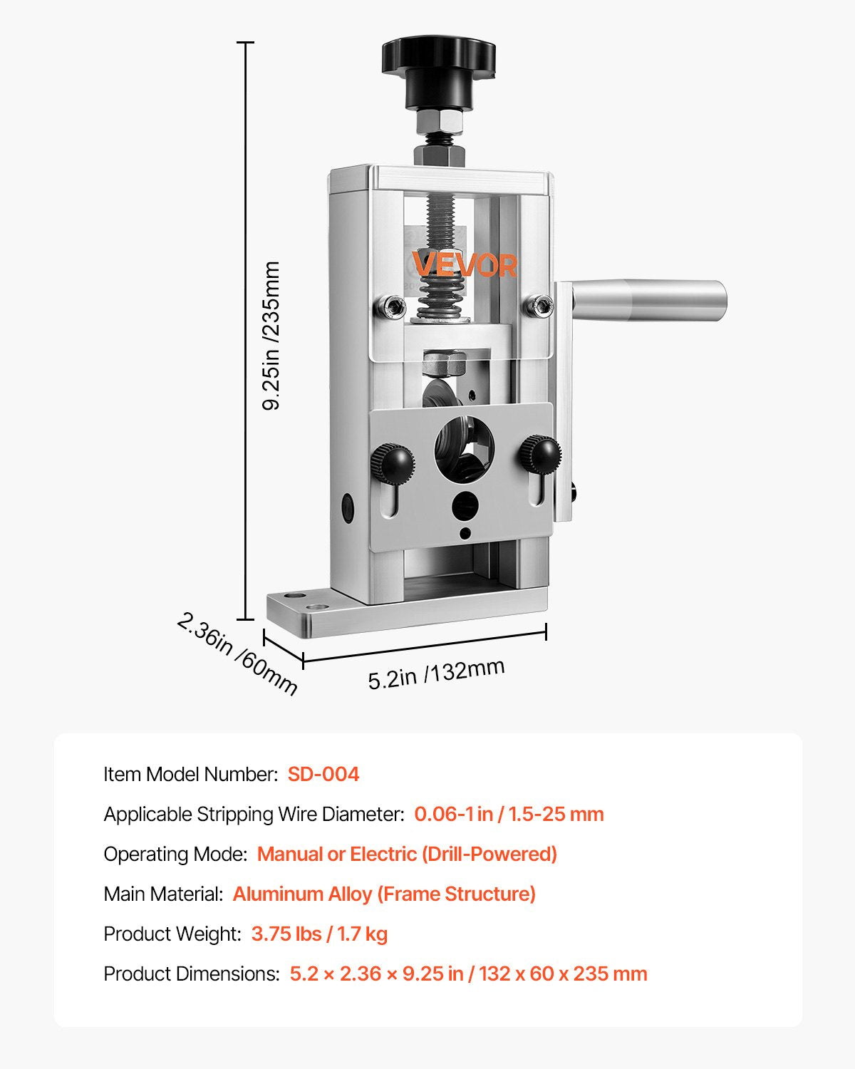 VEVOR Manual Wire Stripping Machine, 1.5-25 mm, Copper Stripper with Hand Crank or Drill Powered, 64Mn Quenched Blades, 45# Steel Rollers, Aluminum Alloy Frame Wire Peeler, for Scrap Copper Recycling