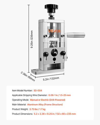 VEVOR Manual Wire Stripping Machine, 1.5-25 mm, Copper Stripper with Hand Crank or Drill Powered, 64Mn Quenched Blades, 45# Steel Rollers, Aluminum Alloy Frame Wire Peeler, for Scrap Copper Recycling