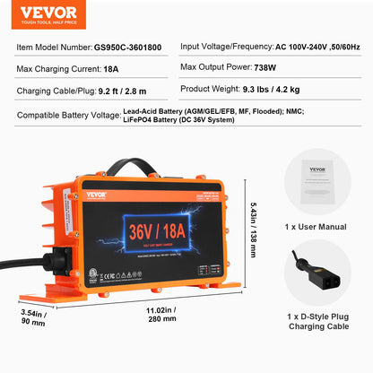 VEVOR 18 AMP Golf Cart Smart Battery Charger for EZGO D-Style IP67 ETL