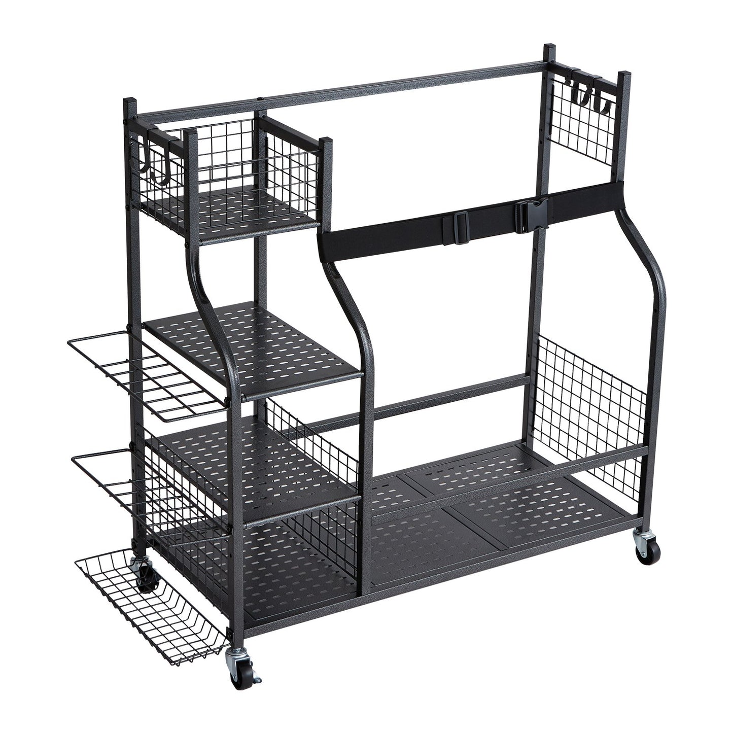 VEVOR Golf Storage Garage Organizer, 2 Golf Bag Stand Holder and Other Sports Equipment Storage Rack, Rolling Ball Cart on Wheels, Outdoor Sport Gear and Toy Storage with Baskets & Hooks, Steel, Black