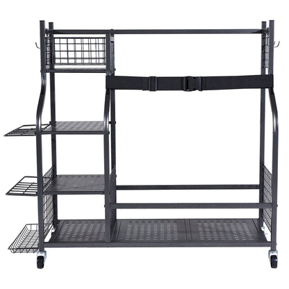 VEVOR Golf Storage Garage Organizer, 2 Golf Bag Stand Holder and Other Sports Equipment Storage Rack, Rolling Ball Cart on Wheels, Outdoor Sport Gear and Toy Storage with Baskets & Hooks, Steel, Black