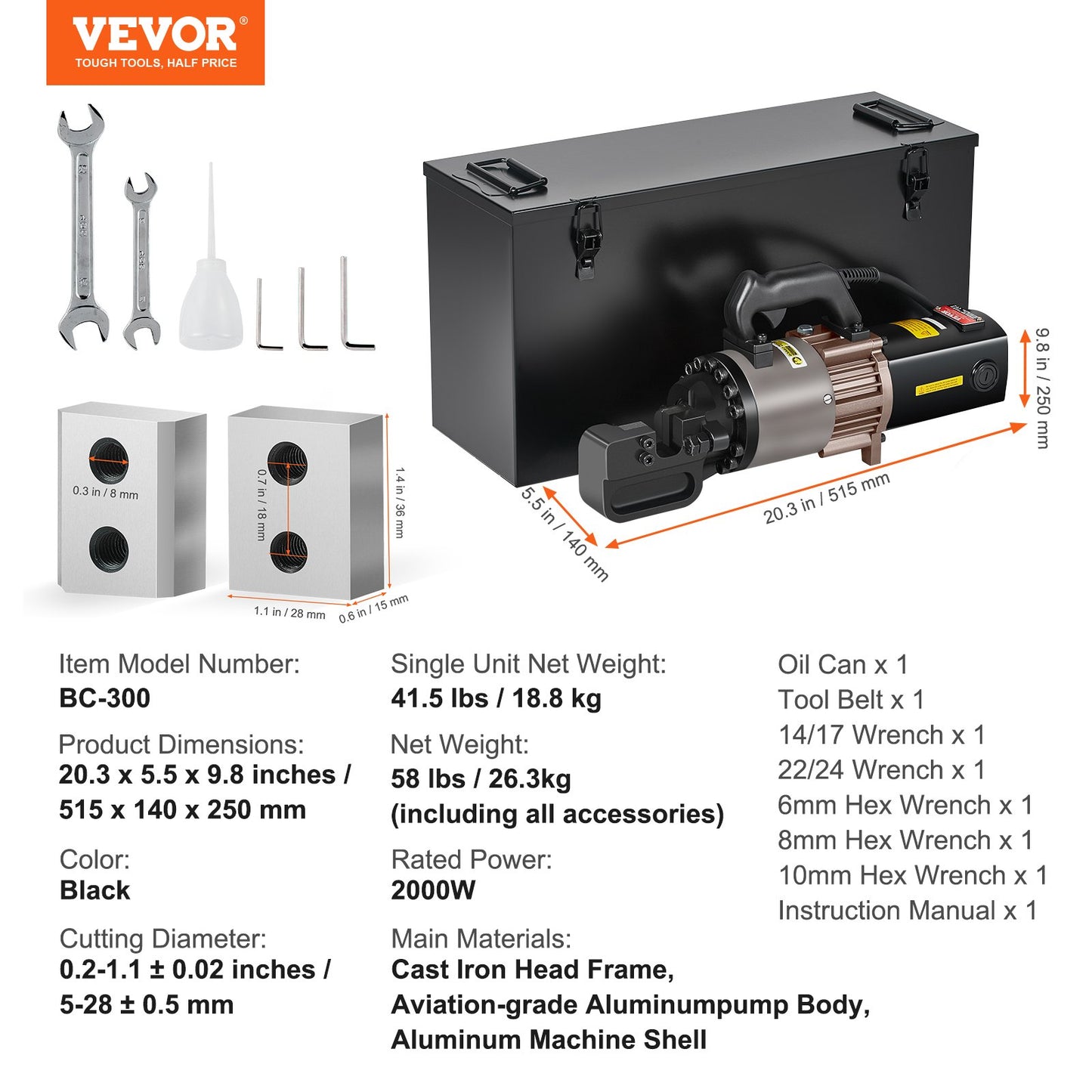 VEVOR 2000W Electric Hydraulic Rebar Cutter Cutting up to 1.1 Inch 5-28mm
