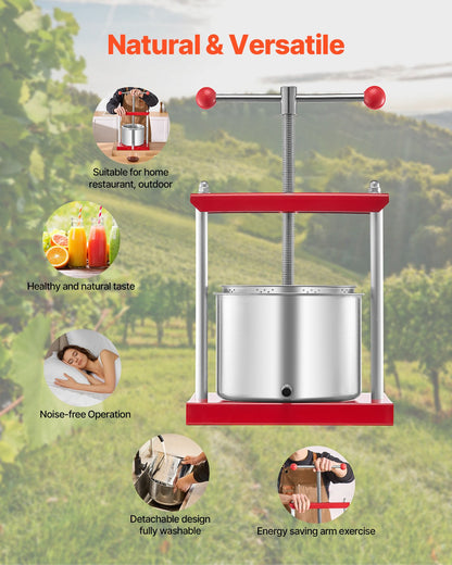 VEVOR Fruit Wine Press Manual Press for Wine Making 1.6 Gal/6L Stainless Steel