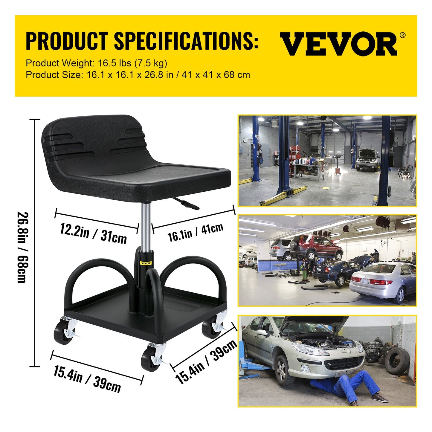 VEVOR Rolling Garage Stool 300LBS Adjustable Mechanic Work Shop Seat w/Casters