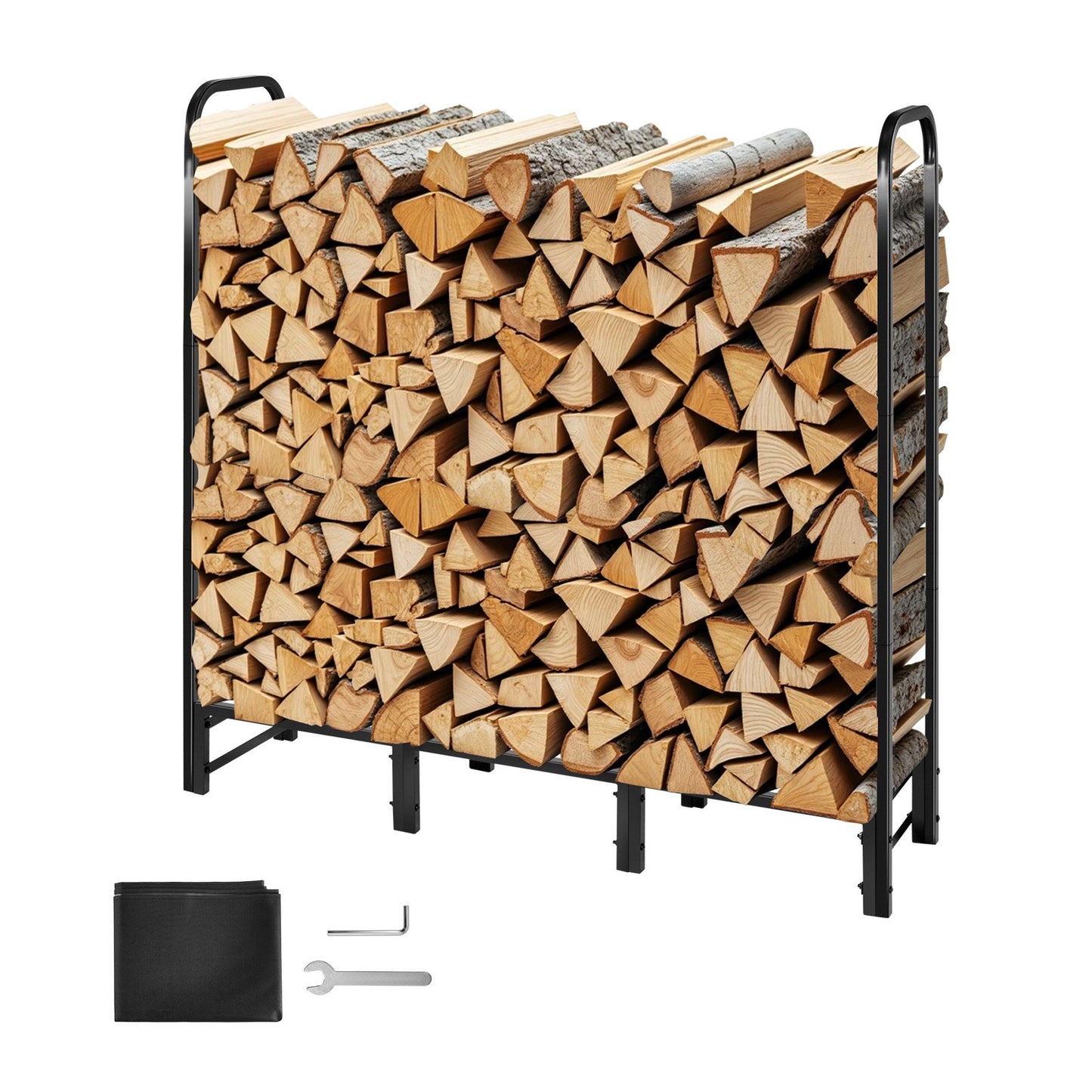 VEVOR Firewood Rack with Waterproof Cover, 1.22m Outdoor Firewood Holder, 1/4 Cord Storage Metal Log Holder, 400lb Max Weight Capacity, Top Covered, Powder-Coated Wood Storage Rack for Fireplace Deck