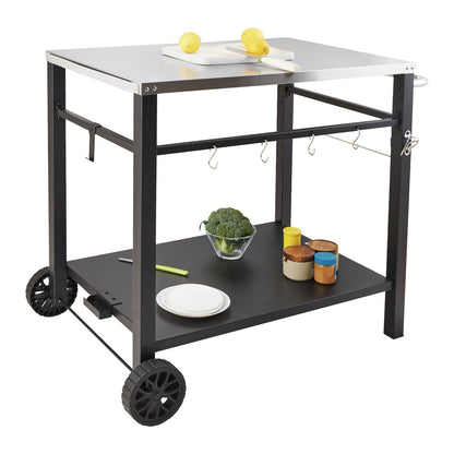 VEVOR Outdoor Grill Dining Cart with Double-Shelf, 85*55cm BBQ Movable Food Prep Table, Multifunctional Stainless Steel Table Top, Portable Modular Carts for Pizza Oven, Worktable with 2 Wheels, Carry Handle